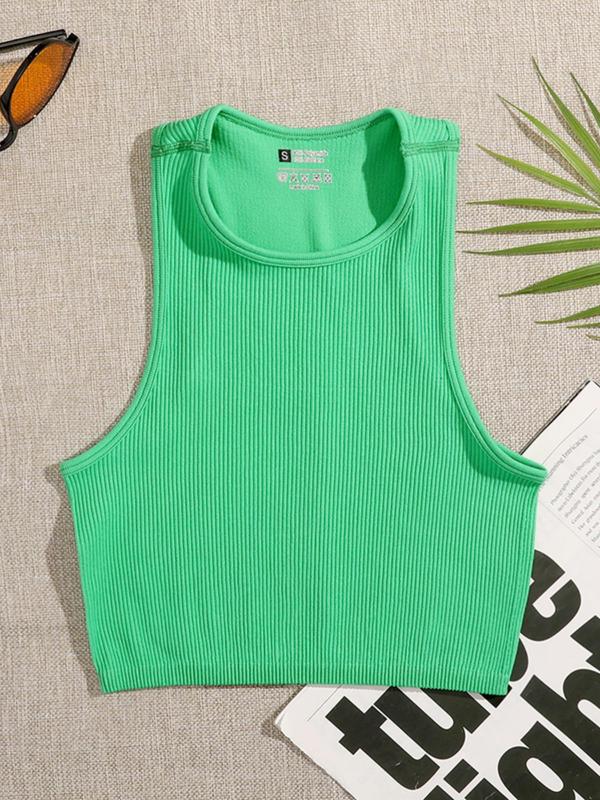 Women's Solid Round Neck Ribbed Sports Vest, Breathable Comfortable High Stretch Quick Drying Sports Tank Top, Ladies Sportswear for Indoor Outdoor Wear