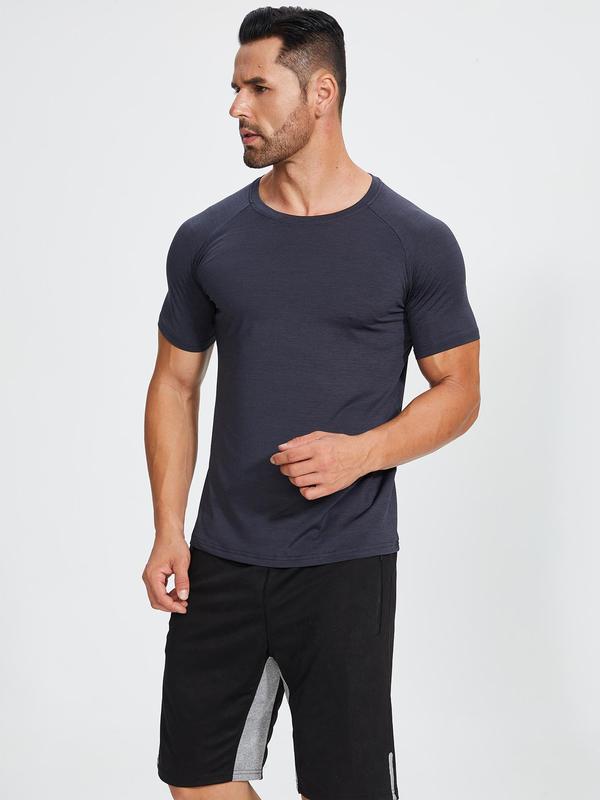 Men's Solid Round Neck Sports Tee, Summer Clothes, Breathable Crew Neck Short Sleeve T-shirt, Compression Shirt, Casual Comfy Top, Men's Sportswear Clothing for Indoor Outdoor Wear