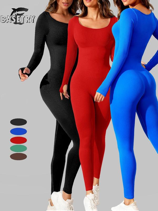 Women's Solid Long Sleeve Scoop Neck Ribbed Sports Jumpsuit, Casual Comfy Seamless Bodycon Jumpsuit for Yoga Gym Workout, Lounge Sets for Women, Ladies Sportswear for Fall & Winter Compression Garment