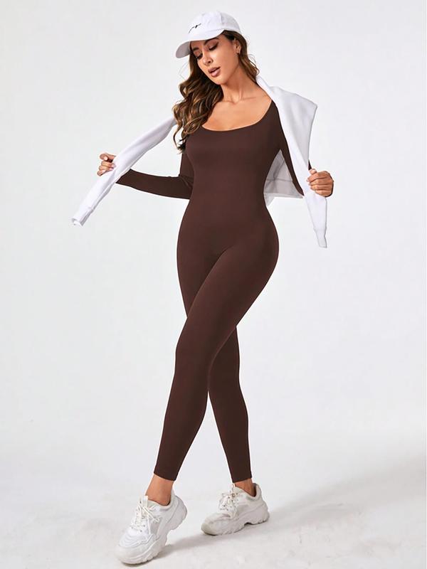 Women's Solid Long Sleeve Scoop Neck Ribbed Sports Jumpsuit, Casual Comfy Seamless Bodycon Jumpsuit for Yoga Gym Workout, Lounge Sets for Women, Ladies Sportswear for Fall & Winter Compression Garment