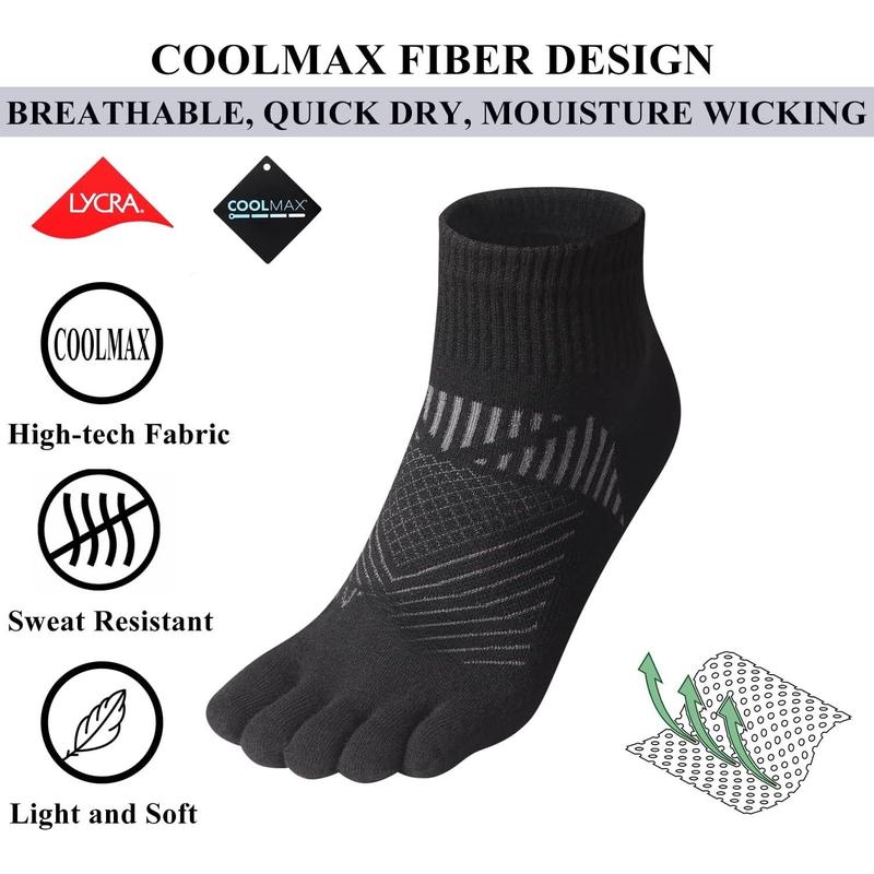 Socks for Men and Women COOLMAX Five Finger Socks Athletic Running Socks Quarter Ankle  Socks (3Pairs)