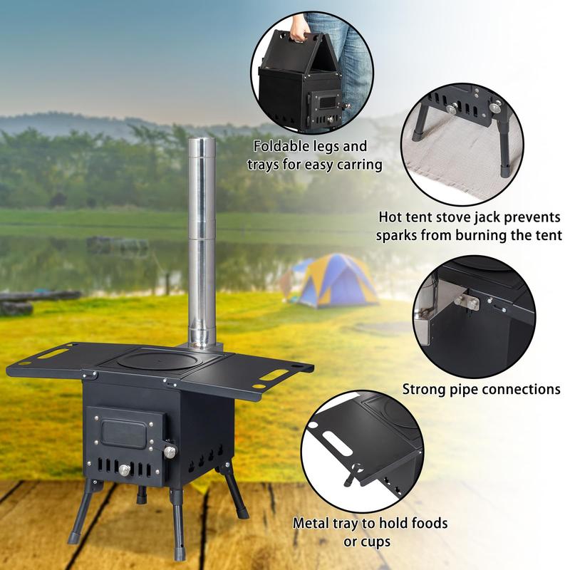 Camping Wood Stove, Outdoor Portable Tent Wood Burning Stove with Stainless Chimney Pipes, Tent Stove Jack & Gloves for Outdoor Camping Cooking and Heating