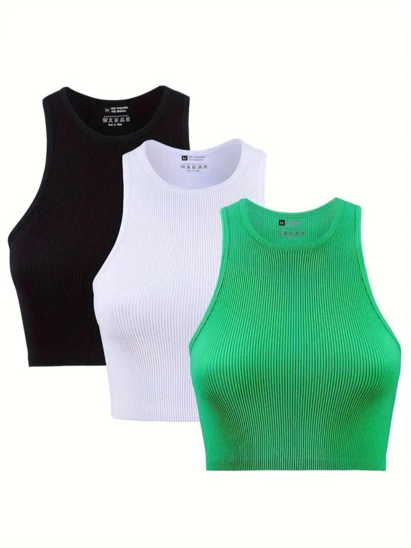 Women's Solid Round Neck Ribbed Sports Vest, Breathable Comfortable High Stretch Quick Drying Sports Tank Top, Ladies Sportswear for Indoor Outdoor Wear