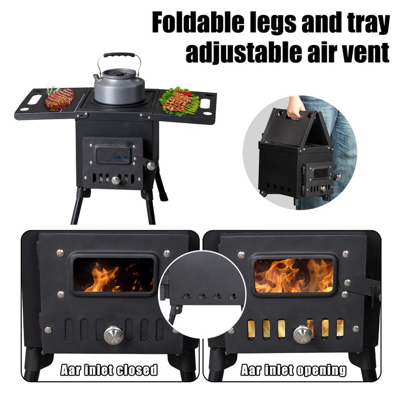 Camping Wood Stove, Outdoor Portable Tent Wood Burning Stove with Stainless Chimney Pipes, Tent Stove Jack & Gloves for Outdoor Camping Cooking and Heating