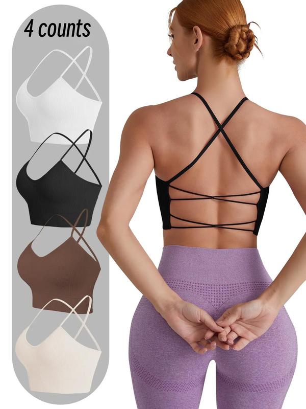 Women's 4pcs Solid Criss Cross Backless Sports Bra, Fall Outfits, Breathable Comfortable Wireless Sports Bra for Fall, Ladies Fall Sportswear for Indoor Outdoor Wear