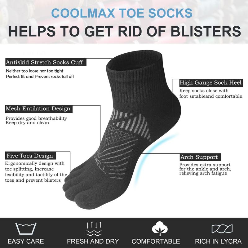 Socks for Men and Women COOLMAX Five Finger Socks Athletic Running Socks Quarter Ankle  Socks (3Pairs)