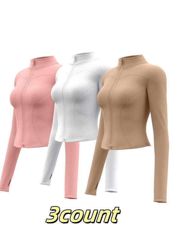 Women's Solid Thumb Hole Zip Up Sports Jacket, Long Sleeve Stand Collar Zip Front Outerwear for Gym Workout Running, Ladies Sportswear for All Seasons