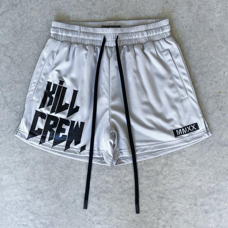 [Kill Crew] Muay Thai Shorts Logo - Silver, Unisex, Mid Thigh Cut, Pockets, Gym Shorts, Elastic Waistband, Long drawcord with wax tips