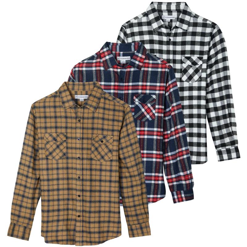 Real Essentials 3 Pack: Men's Long-Sleeve Flannel Button Down Plaid Casual Shirt (Available in Big & Tall)