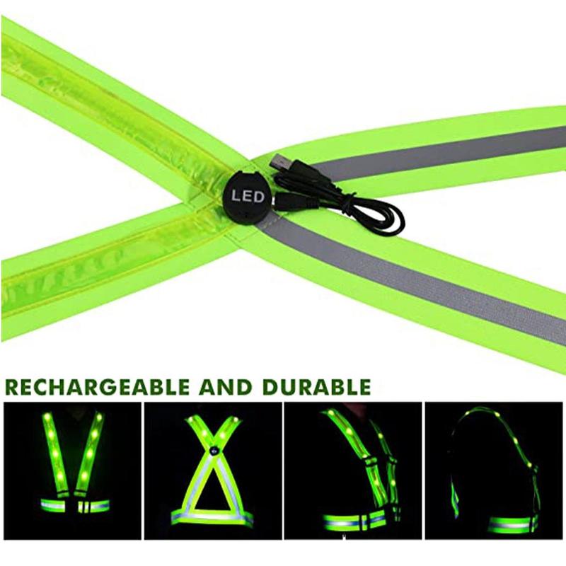 LED Reflective Vest, USB Rechargeable Reflective Running Vest, High Visibility Running Vest with Reflective Strip, Safety Light and Adjustable Size Elastic Band, Suitable for Outdoor Cycling and Running