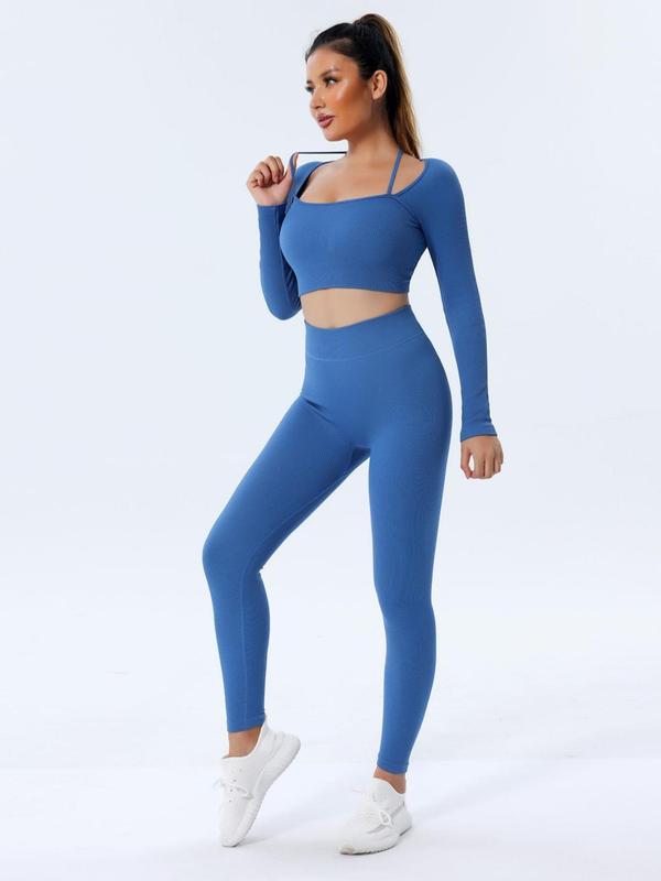 Two-Piece Set Women's Plain Ribbed Tracksuit Set, Sport Halter Neck Crop Top & Leggings, Women's Sportswear for Spring & Fall