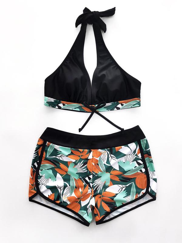 2 Pieces Women's Tropical Print Halter Knot Front Wireless Swim Bra & High Waist Shorts Bikini Set, Summer Outfits, Bathing Suits 2024 for Women Tummy Control Swimwear, Contrast Binding Swimsuit for Beach Holiday Back To School, Minimalistic Outfit