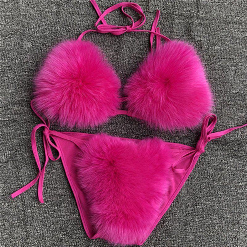 Women Fake Fox Fur Two Piece Swimsuits New Solid Bra Underwear Split Triangle Sexy Bikini Set Faux Fur Swimsuit Plush Swimwear