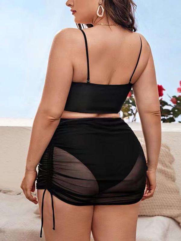 Women's Plus Size Solid Adjustable Strap Swim Top & Panty & Sheer Drawstring Ruched Skirt Bikinis, Fashion Casual Swimwear Set for Summer 2024, Bathing Suits 2024