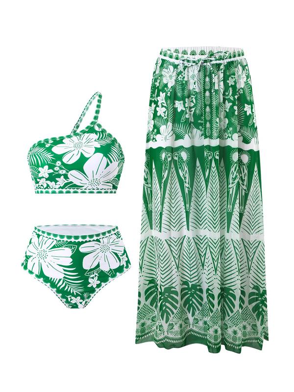 Three-Piece Set Women's Summer Holiday Floral Print Contrast Lace Three-Piece Swimsuit Set, Beach Holiday Swimwear Set for Women, Boho Style Swimwear