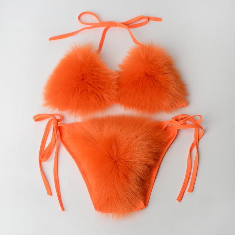 Women Fake Fox Fur Two Piece Swimsuits New Solid Bra Underwear Split Triangle Sexy Bikini Set Faux Fur Swimsuit Plush Swimwear