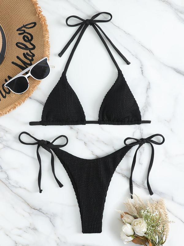 Women's 2pcs Plain Textured Tie Backless Bikini Set, Casual Halter Neck Triangle Swim Bra & Tie Side Swim Bottom, Ladies Summer Swimwear for Beach Holiday Vacation