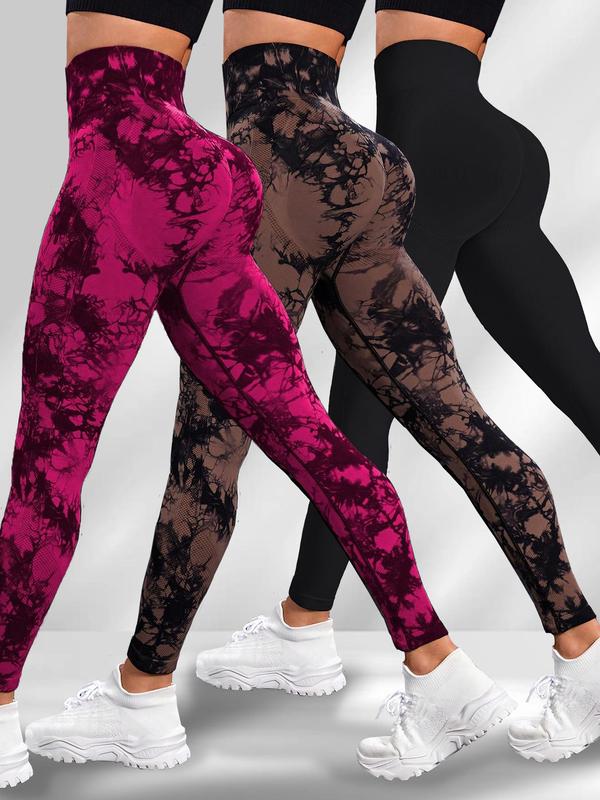 Women's Plain & Tie Dye Print Ruched High Waist Sports Leggings, Sporty Comfy Breathable Skinny Pants for Yoga Gym Workout Running, Ladies Sportswear for All Seasons, Gym Clothes