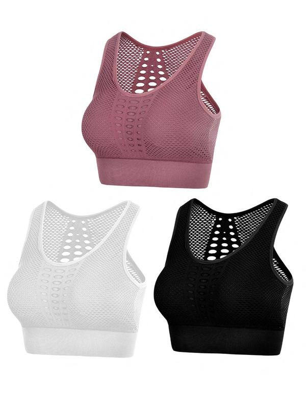 Women's 3pcs Plain Cut Out Sheer Sports Vest with Removable Pads Design, Breathable Comfortable Scoop Neck Sports Top for Yoga Running, Ladies Sportswear for All Seasons