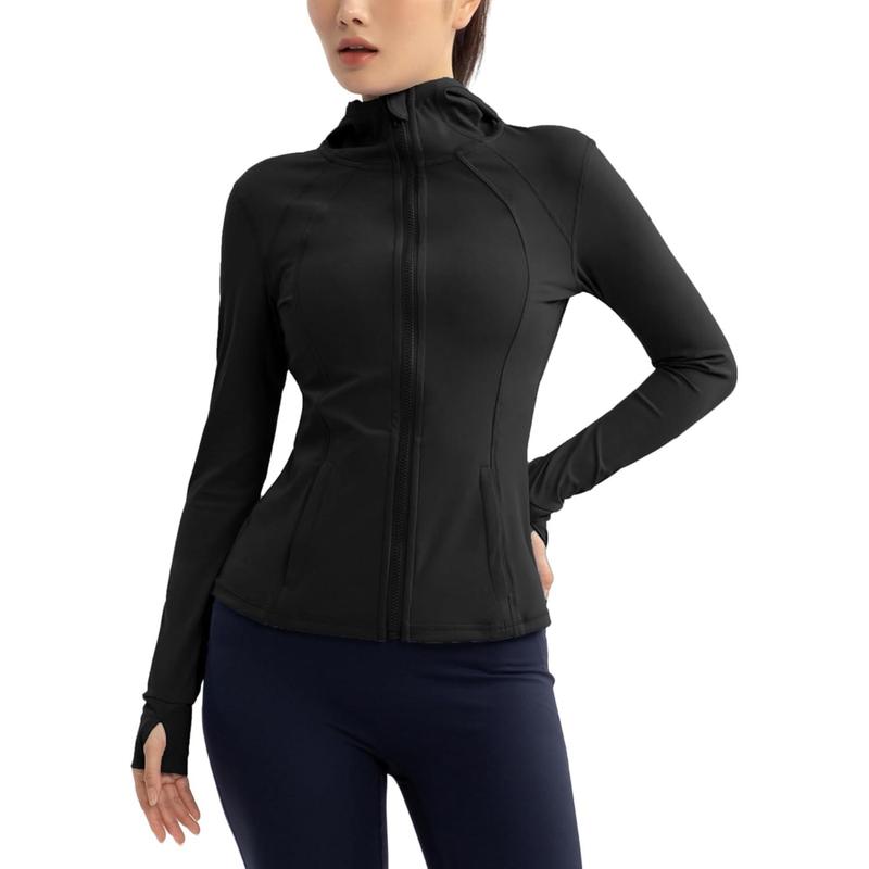 Hooded Athletic Jackets For Women Zip Up Workout Jacket With Pockets Women's Yoga Jackets Slim Fit With Thumb Holes