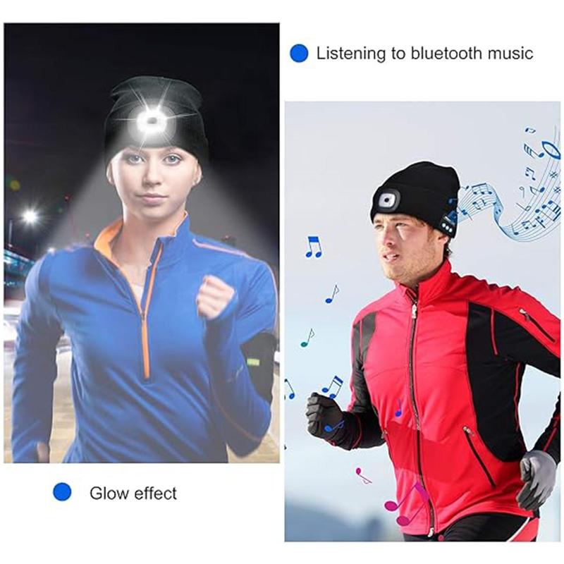 Acrylic Knit Beanie with USB Rechargeable Headlamp & Wireless Headphones,Elastic Lightweight Music Hat with Built-in Speaker Mic, Unisex Audio Cap for Outdoor Activities