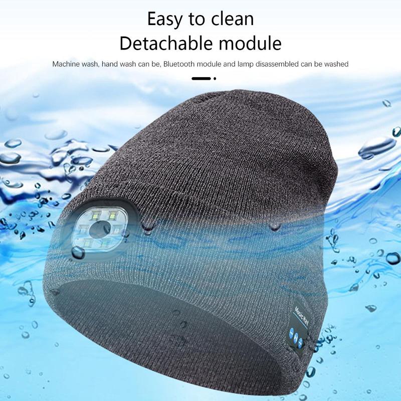 Acrylic Knit Beanie with USB Rechargeable Headlamp & Wireless Headphones,Elastic Lightweight Music Hat with Built-in Speaker Mic, Unisex Audio Cap for Outdoor Activities