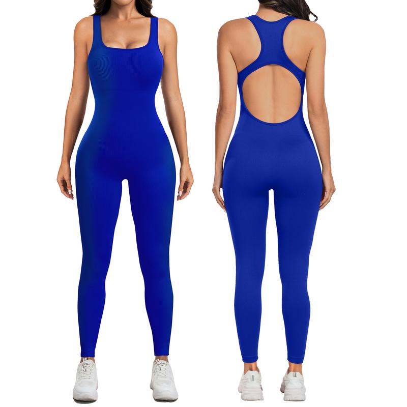 Women Backless U Back Jumpsuits Sleeveless Scoop Neck Bodycon Romper Workout Bodysuits Yoga Jumpsuits