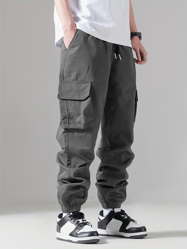 Men's Pocket Drawstring Waist Cargo Pants, Flap Pocket Utility Tactical Trousers, Outdoor Hiking Joggers, Classic Fit Lounge Multi Pockets Long Pants, Men Cuffed Cargo Pants, Pants for Men, Mens Clothing, Fall Outfits, Fallfreshness