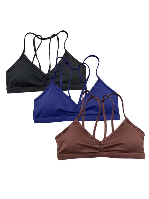 Sporty Women's Plain Ruched Backless Sports Bra with Removable Chest Pad & Shoulder Straps, Breathable Comfortable Quick Drying Sports Lingerie Top, Ladies Sportswear for Indoor Outdoor Wear