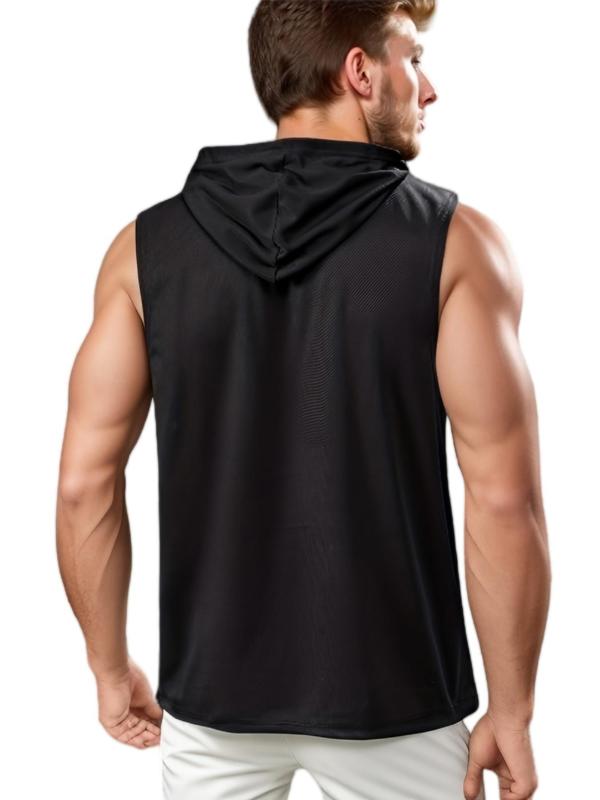 Men's Regular Fit Letter Print Drawstring Hooded Sports Vest, Summer Clothes, Running Vest,  Fall Clothes, Casual Sporty Pocket Hooded Tank Top for Gym Workout Running, Men's Sport & Outdoor Clothing for Summer