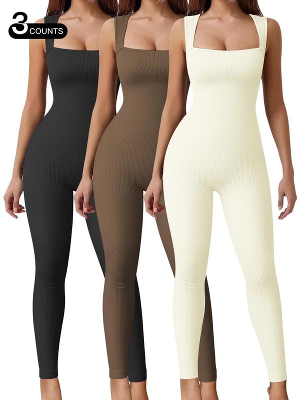 Women's Solid Square Neck Sports Jumpsuit, Casual Sporty Sleeveless Bodycon Jumpsuit for Yoga Gym Workout, Ladies Sportswear for All Seasons