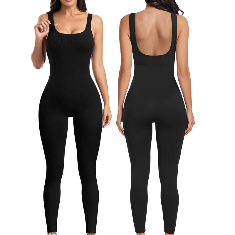 Women Backless U Back Jumpsuits Sleeveless Scoop Neck Bodycon Romper Workout Bodysuits Yoga Jumpsuits