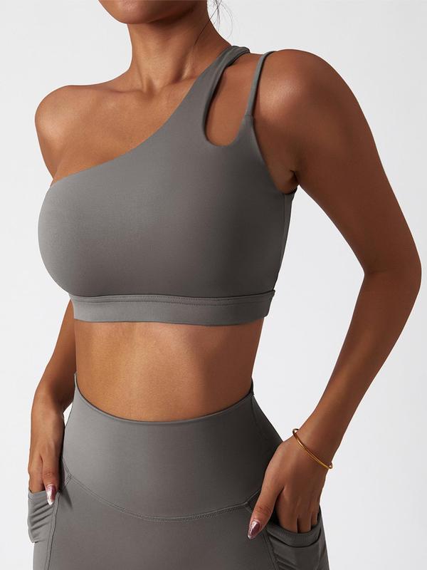 Sporty Women's Plain Cut Out One Shoulder Sports Bra, Sports Bra for Women, High Stretch Seamless Breathable Comfortable Sports Lingerie Top for Yoga, Ladies Sportswear Clothing