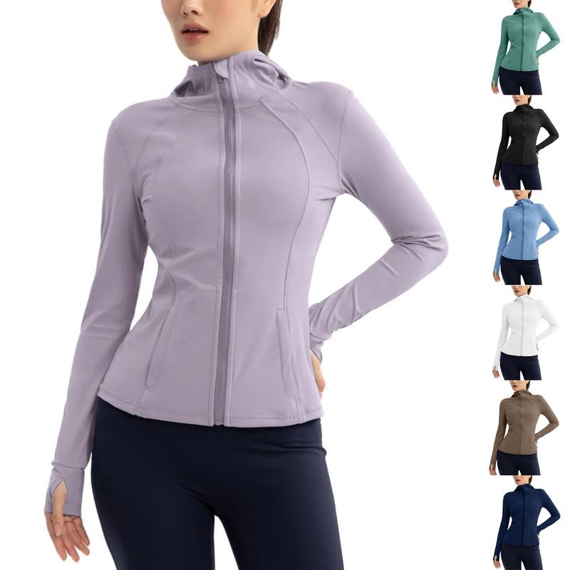 Hooded Athletic Jackets For Women Zip Up Workout Jacket With Pockets Women's Yoga Jackets Slim Fit With Thumb Holes