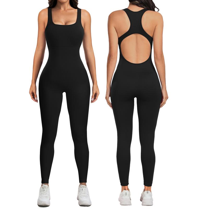 Women Backless U Back Jumpsuits Sleeveless Scoop Neck Bodycon Romper Workout Bodysuits Yoga Jumpsuits