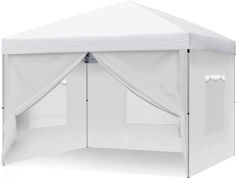 YITAHOME 10x10 Pop Up Canopy Tent with 4 Removable Sidewalls, Easy Set-Up Outdoor Canopy with 3 Mesh Windows, 4 Ropes & 8 Stakes and 1 Carry Bag for Patio, Party, Exhibition, Picnic, Market（White）