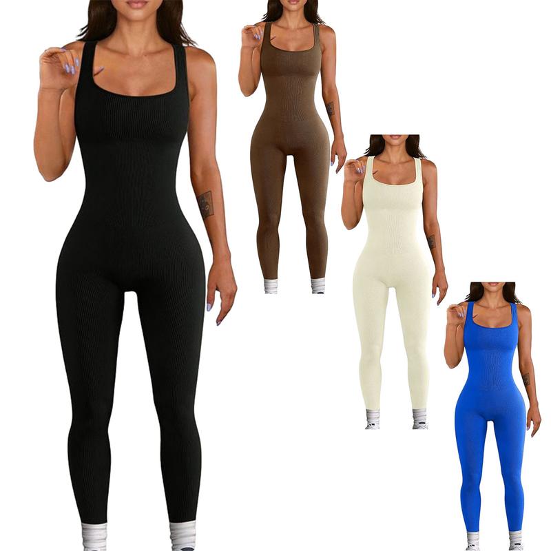 Women's Yoga Ribbed Tank Top Jumpsuit Gym Square Neck Sleeveless One Piece Jumpsuits Women's Backless