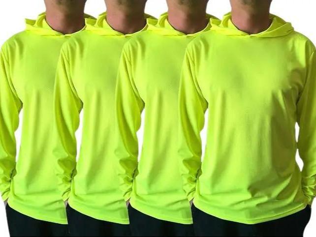 4 SHIRT PACK Hi Vis Long Sleeve Safety Shirt With Hoodie, Quick Dry Polyester Birdeye mesh   Ultra lightweight hoodie shirt Reflective Thin Pullover Long sleeves ( 4 SHIRTS PER ORDER)