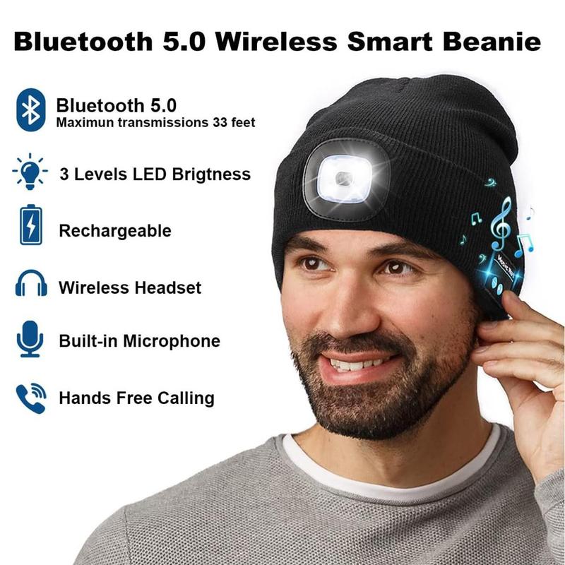 Acrylic Knit Beanie with USB Rechargeable Headlamp & Wireless Headphones,Elastic Lightweight Music Hat with Built-in Speaker Mic, Unisex Audio Cap for Outdoor Activities