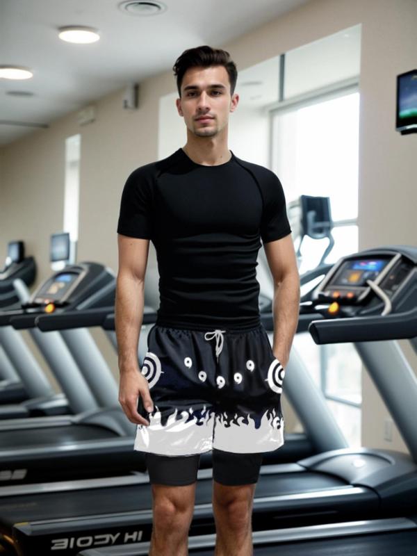 Men's Regular Fit 2 in 1 Cloud Print Drawstring Waist Sports Shorts, Gym Graphic Shorts, Casual Breathable Shorts for Gym Workout Running, Men's Sport & Outdoor Clothing for Summer