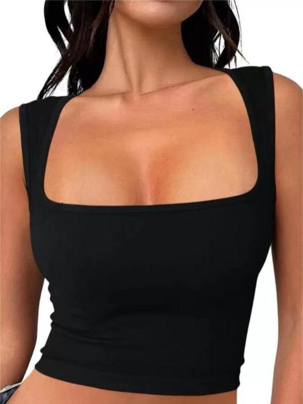 Women's Solid Square Neck Crop Sports Vest, Casual Breathable Sleeveless Sports Tank Top, Ladies Sportswear Clothing