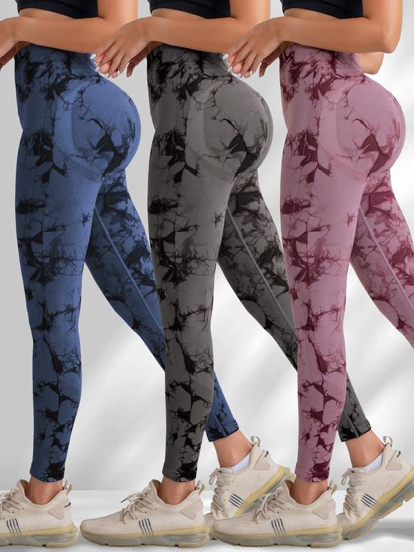 Women's Plain & Tie Dye Print Ruched High Waist Sports Leggings, Sporty Comfy Breathable Skinny Pants for Yoga Gym Workout Running, Ladies Sportswear for All Seasons, Gym Clothes