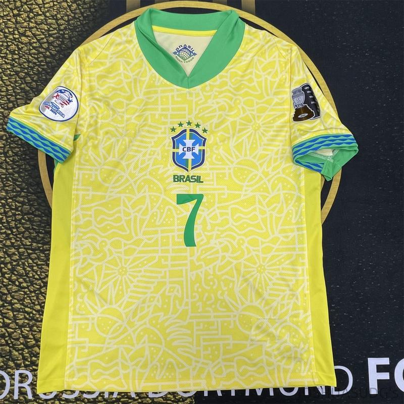 2024 Copa America Brazil Home Vini JR No.7 Yellow Short Sleeve Football Jersey