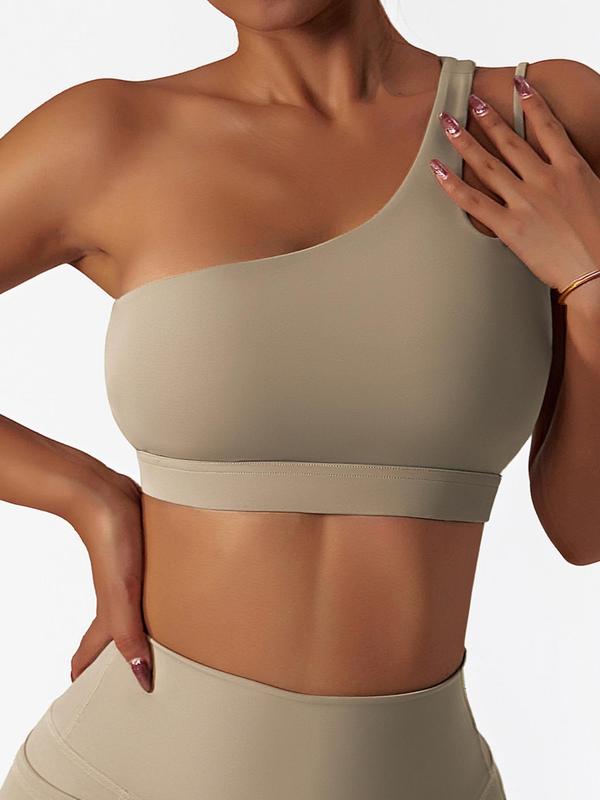 Sporty Women's Plain Cut Out One Shoulder Sports Bra, Sports Bra for Women, High Stretch Seamless Breathable Comfortable Sports Lingerie Top for Yoga, Ladies Sportswear Clothing