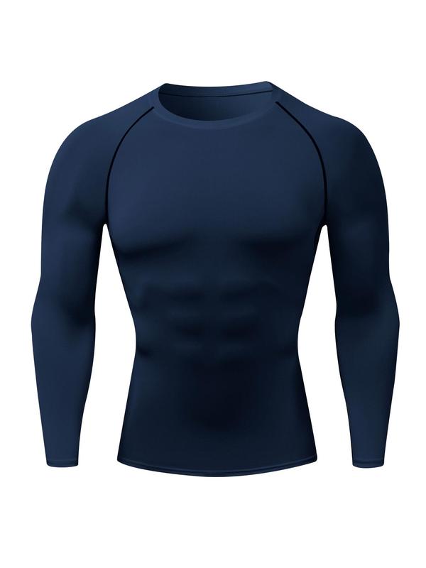 Men's Solid Round Neck Sports Tee, Tight Quick Drying Long Sleeve Crew Neck T-Shirt for Gym Workout Running, Casual Sporty Top for Spring & Fall