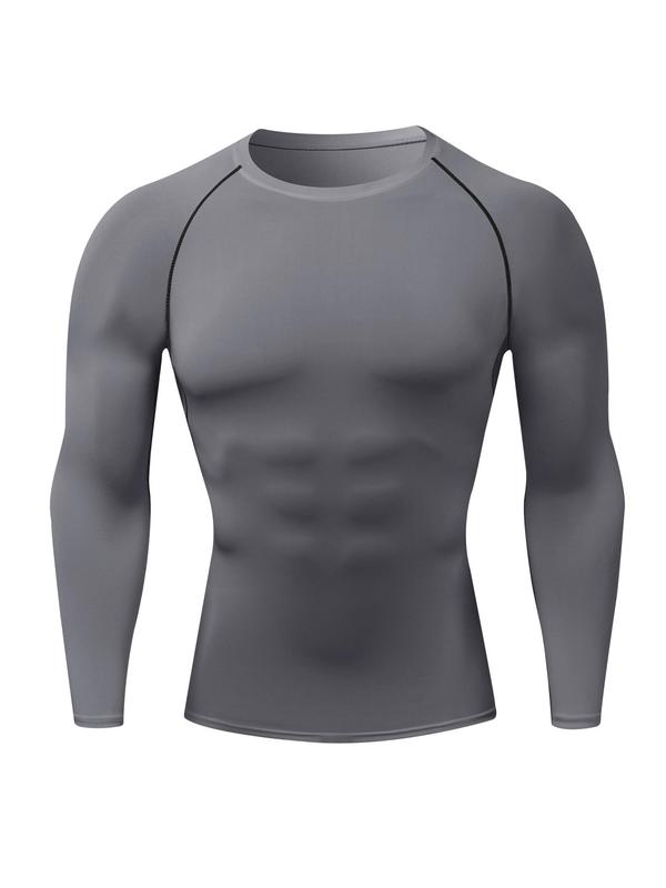 Men's Solid Round Neck Sports Tee, Tight Quick Drying Long Sleeve Crew Neck T-Shirt for Gym Workout Running, Casual Sporty Top for Spring & Fall