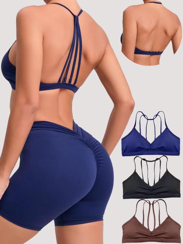 Sporty Women's Plain Ruched Backless Sports Bra with Removable Chest Pad & Shoulder Straps, Breathable Comfortable Quick Drying Sports Lingerie Top, Ladies Sportswear for Indoor Outdoor Wear