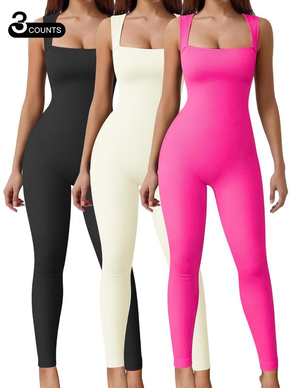 Women's Solid Square Neck Sports Jumpsuit, Casual Sporty Sleeveless Bodycon Jumpsuit for Yoga Gym Workout, Ladies Sportswear for All Seasons