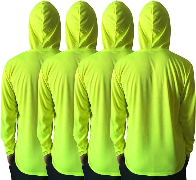 4 SHIRT PACK Hi Vis Long Sleeve Safety Shirt With Hoodie, Quick Dry Polyester Birdeye mesh   Ultra lightweight hoodie shirt Reflective Thin Pullover Long sleeves ( 4 SHIRTS PER ORDER)