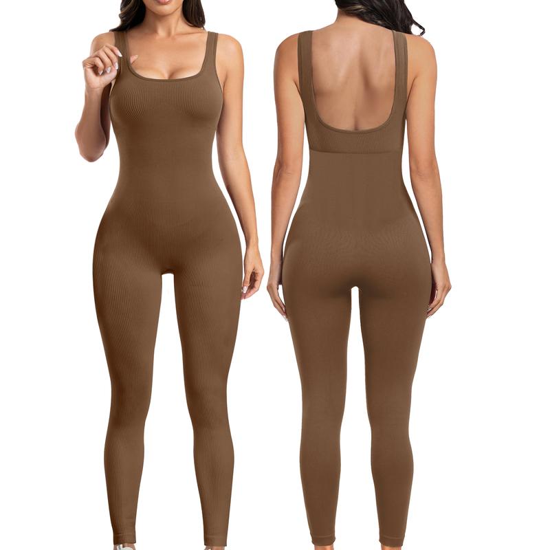 Women Backless U Back Jumpsuits Sleeveless Scoop Neck Bodycon Romper Workout Bodysuits Yoga Jumpsuits